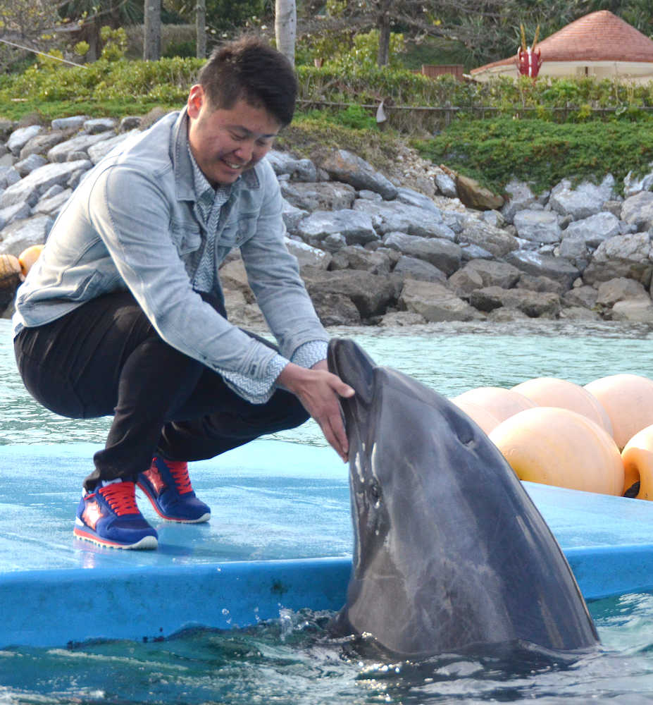イルカと触れ合い、キャンプ初の休日を満喫する鈴木博