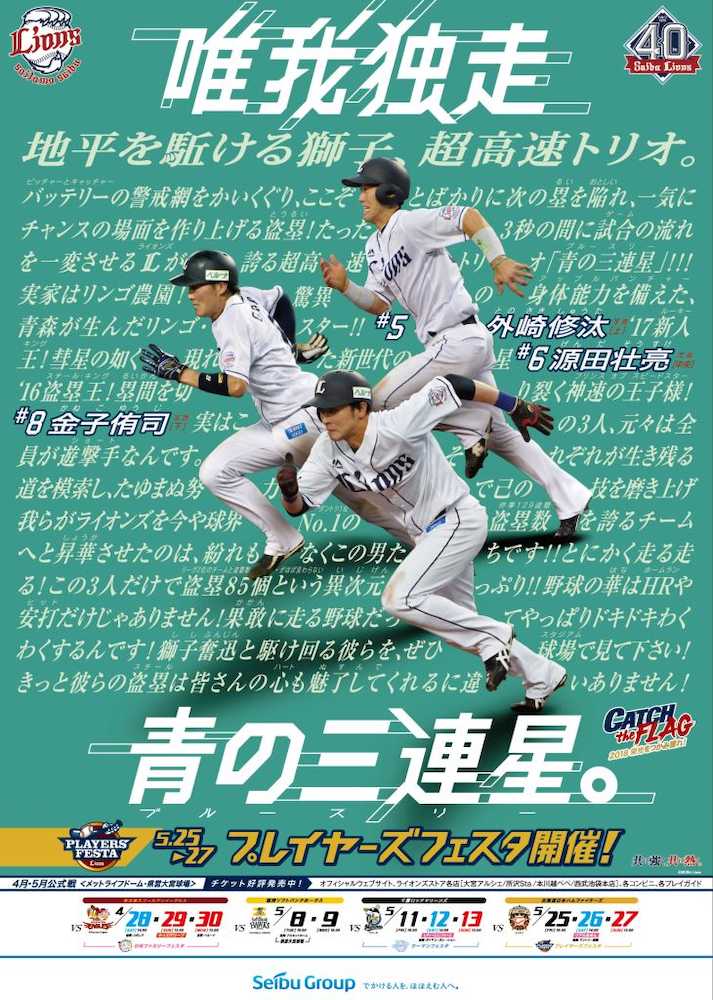 “超高速トリオ”外崎修汰、源田壮亮、金子侑司の俊足３　選手を起用したポスター