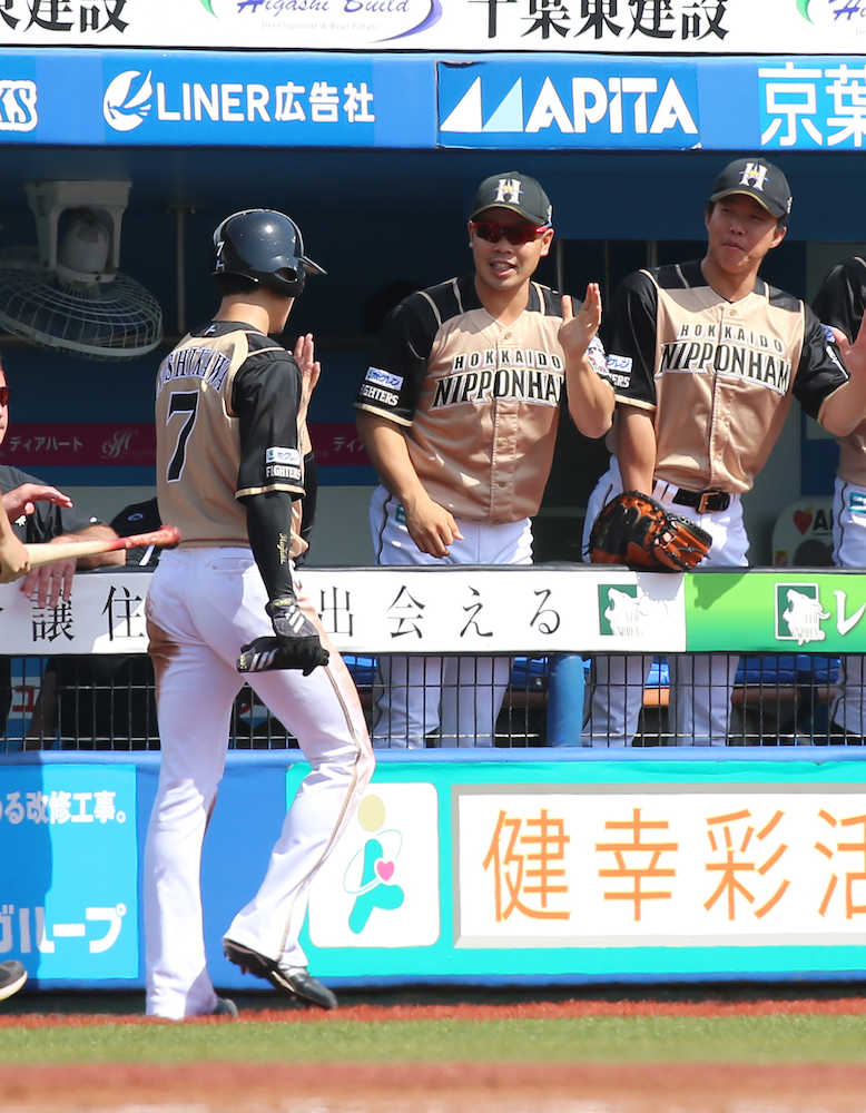 ＜ロ・日＞初回２死一塁、中田の中越え二塁打で生還した一走・西川（左）を出迎える近藤（中央）