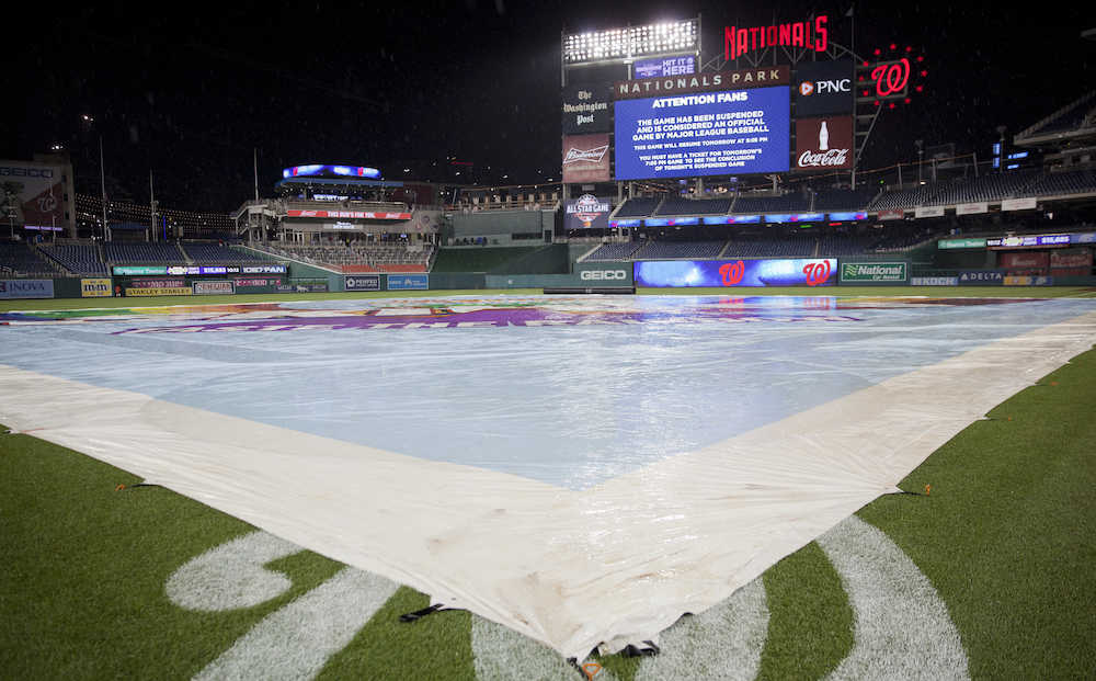 ヤンキース―ナショナルズ戦は６回表終了時で降雨中断し、サスペンデッドゲームに（ＡＰ）