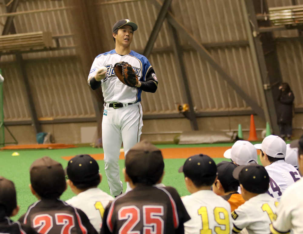 野球教室で子供たちにキャッチボールでの投げ方を教える日本ハム・鶴岡