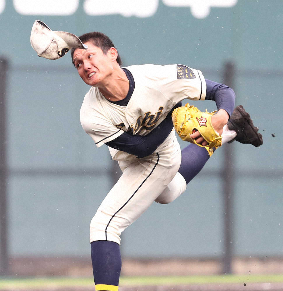 ＜岡山南・創志学園＞　帽子を飛ばし力投、7回2失点で初戦突破した創志学園・西　（撮影・平嶋　理子）　　　　　