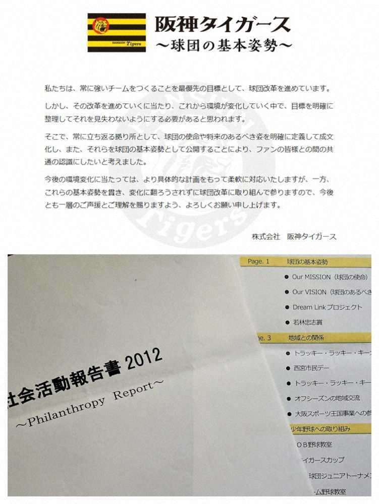 阪神公式サイトにある「球団の基本姿勢」（上）と毎年まとめている「社会活動報告書」