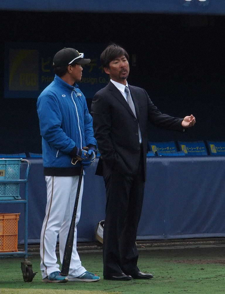 鎌ケ谷での秋季練習を視察する日本ハム・小笠原ヘッドコーチ兼打撃コーチ（右）左は小田2軍打撃コーチ