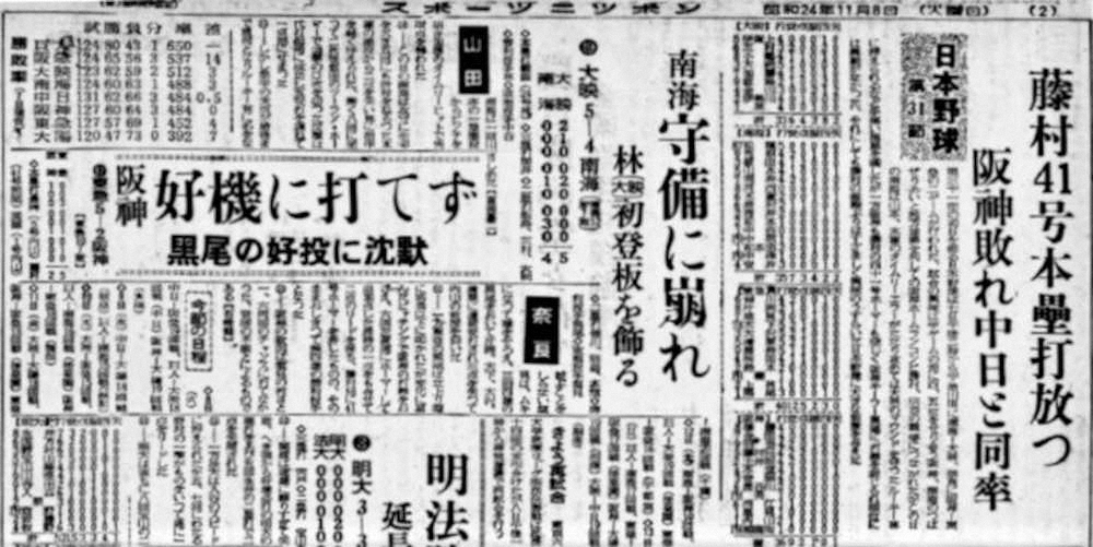 奈良・春日野球場で初のプロ野球公式戦（阪神－東急戦）を報じる1949年11月8日付のスポニチ