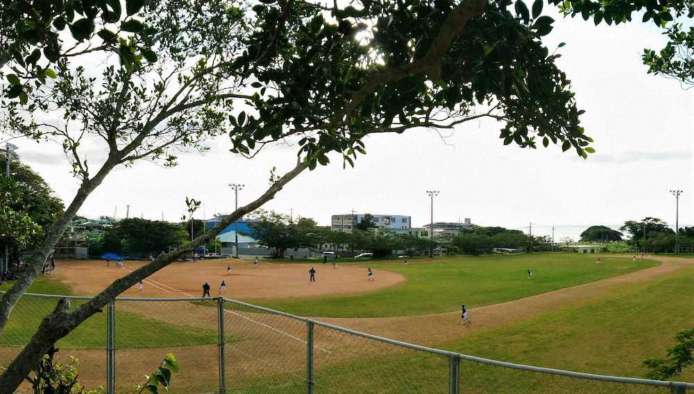 宜野座村にある海が見えるグラウンド。少年野球の試合が行われていた。