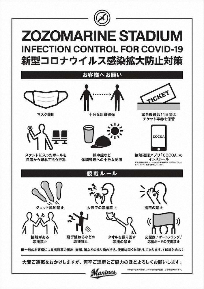ロッテ　ZOZOマリン内外に新型コロナ感染拡大防止呼びかけポスター掲示