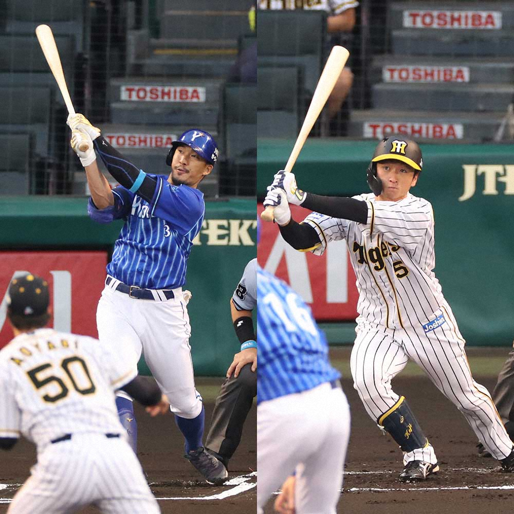 ともに先頭打者本塁打を放ったDeNA・梶本（左）と阪神・近本
