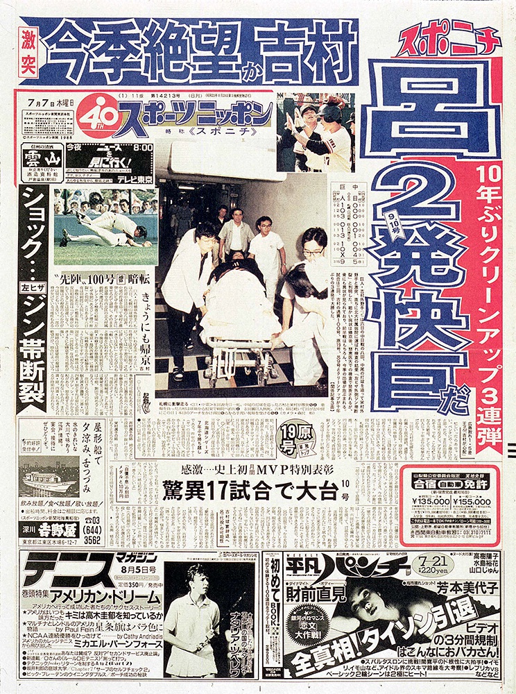 吉村が栄村と激突して左膝じん帯断裂の重傷を負った札幌の中日戦。1988年7月7日付スポニチ東京版