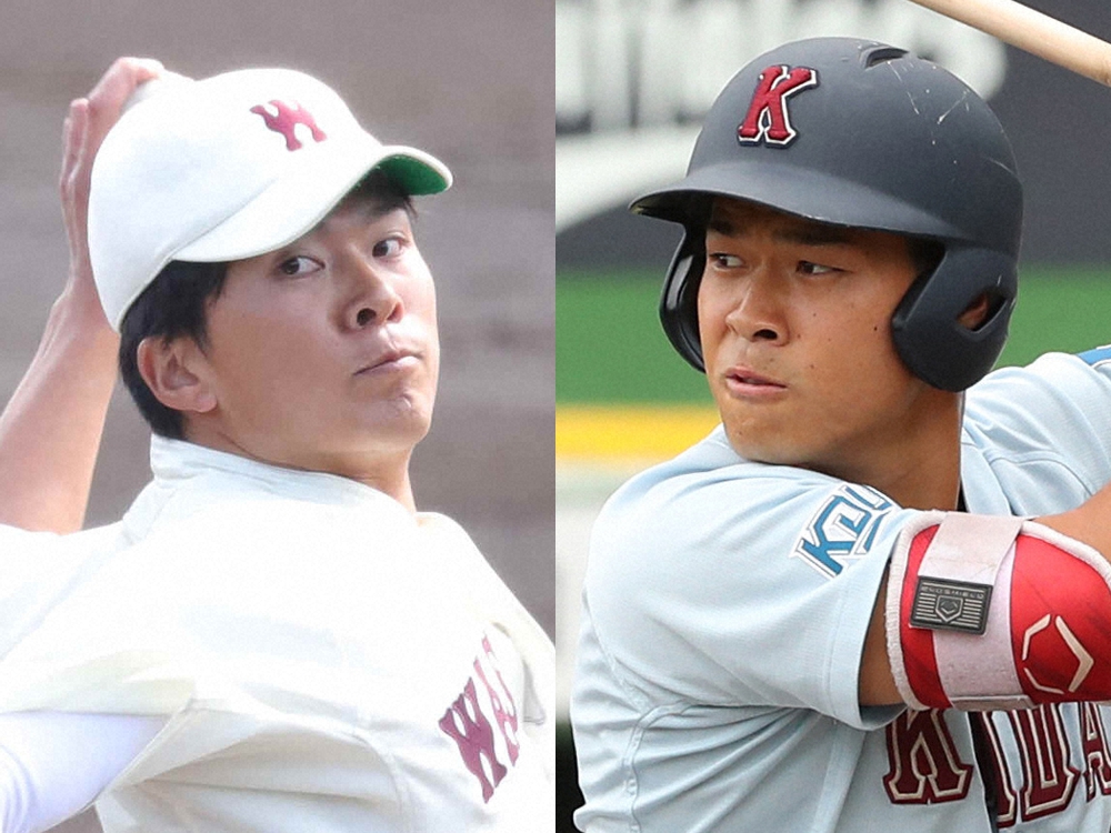 早大・早川隆久投手（左）と近大・佐藤輝明内野手
