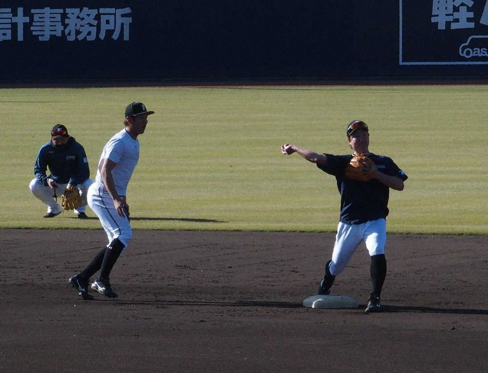 金子野手総合コーチ（左）が見守る中、特守を行う日本ハム・渡辺（右）と平沼（中央）