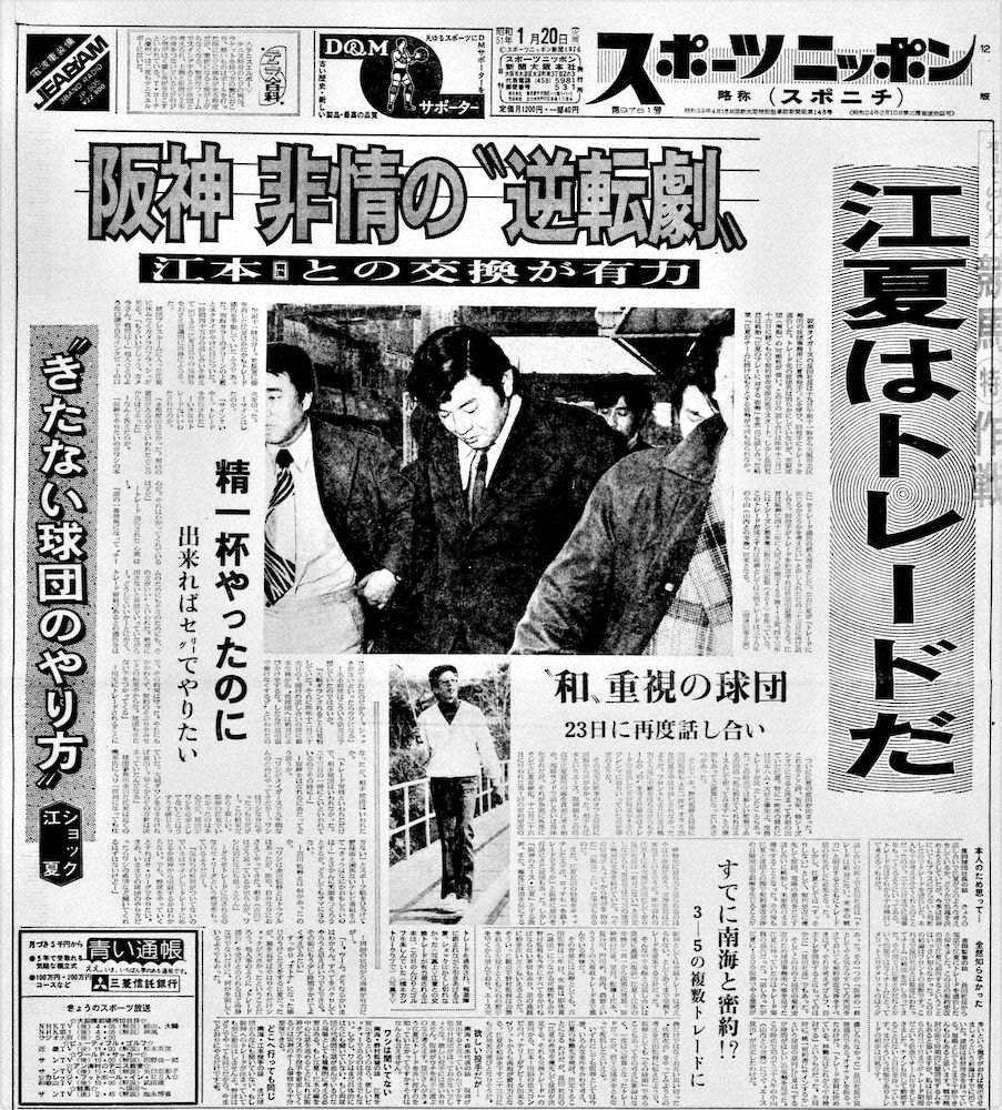江夏へのトレード通告を報じる1976年1月20日付のスポニチ本紙