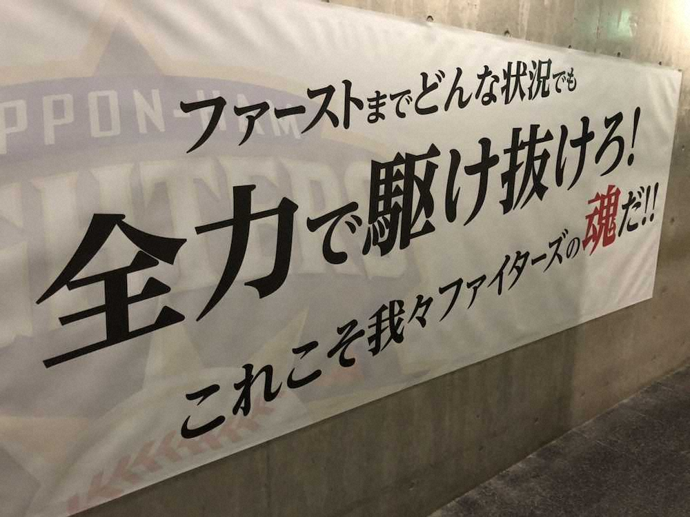 札幌ドームのベンチ裏通路に張られた、日本ハム・栗山監督が求める全力疾走の横断幕