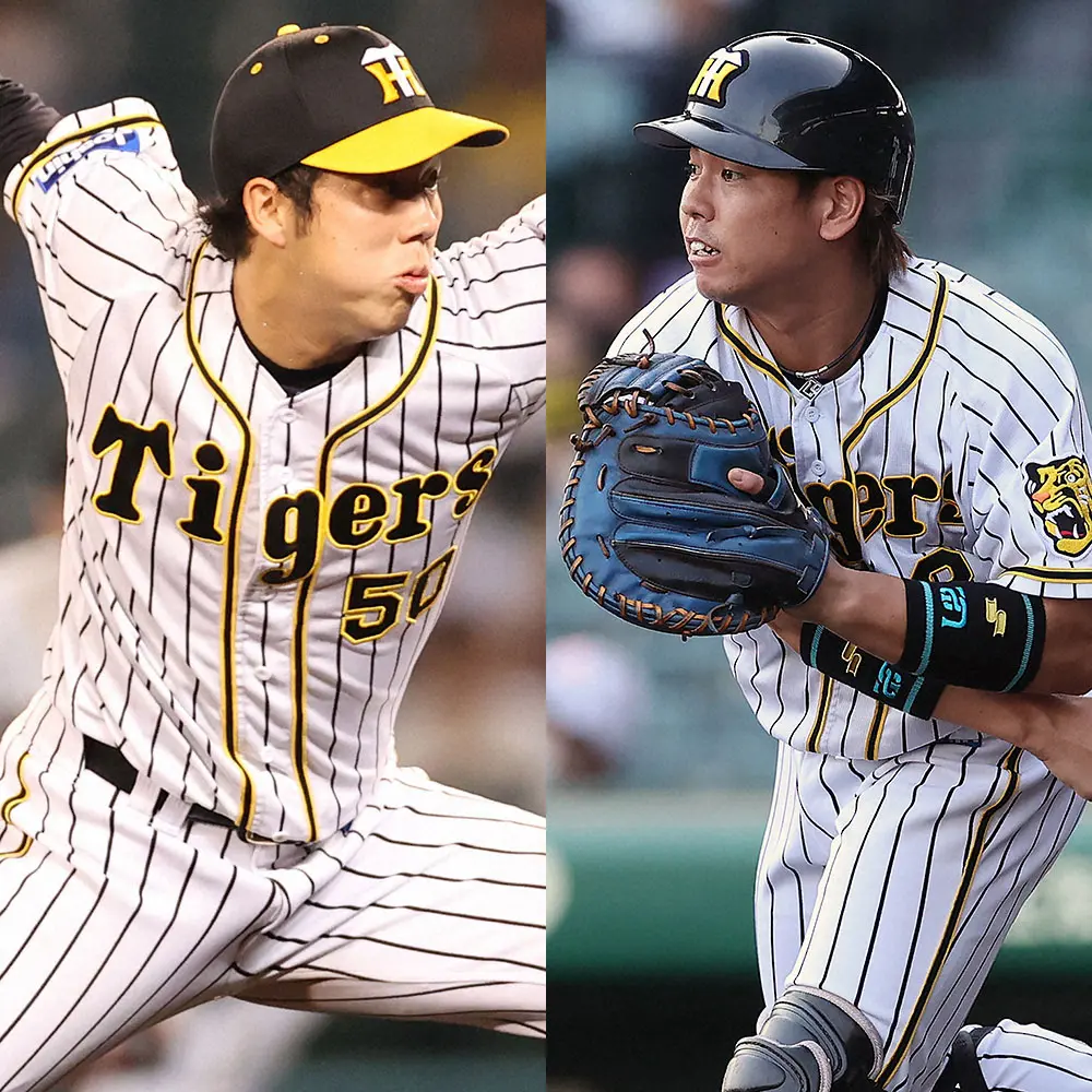 阪神・青柳晃洋投手（左）と梅野隆太郎捕手