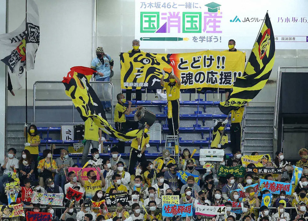 「とどけ！！魂の応援！！」の横断幕を手に応援する阪神ファン（撮影・河野　光希）
