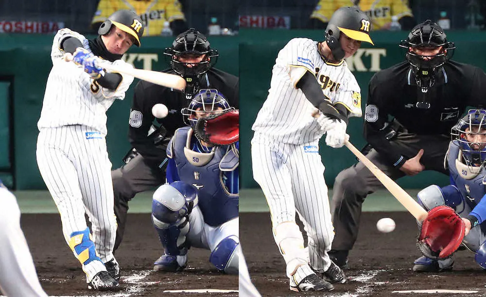 ＜神・D＞初回、阪神・近本（左）が安打で出塁、中野が先制適時打