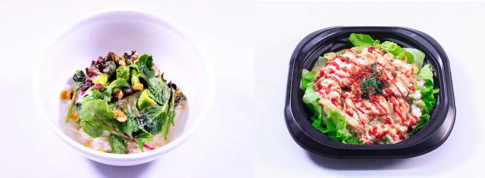 平良海馬のグリーンタコライス（左）と山川穂高のチキンケバブ丼（球団提供）