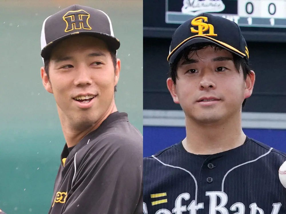 阪神・青柳晃洋投手（左）とソフトバンク・大関友久投手