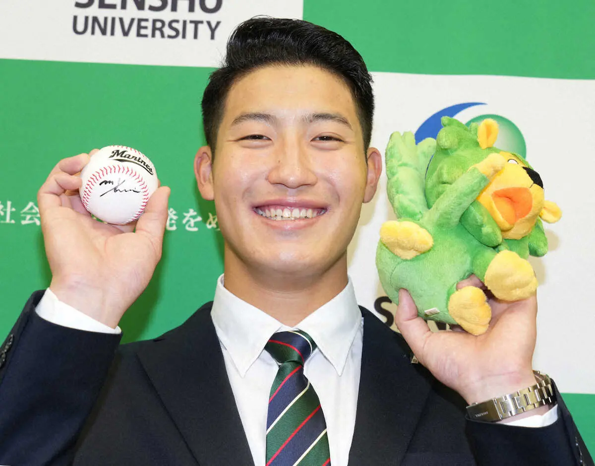 ロッテ1位の専大・菊地「柳田選手を相手に腕試ししたい！」　指名あいさつで152キロ右腕が意気込む