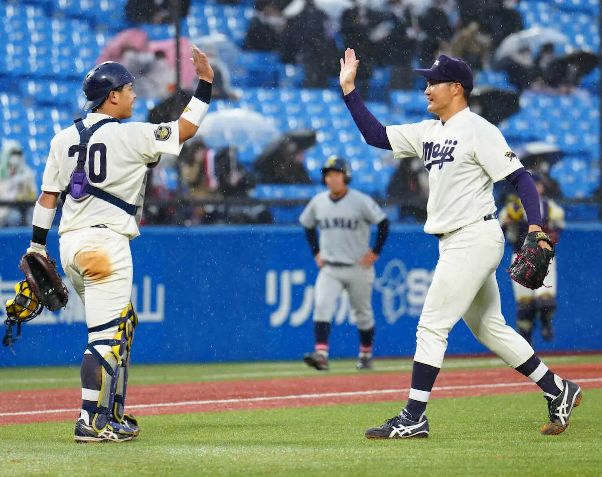 明大が初戦突破で4強入り　3年生右腕・村田賢一が1失点完投勝利「悪いなりに試合つくれた」