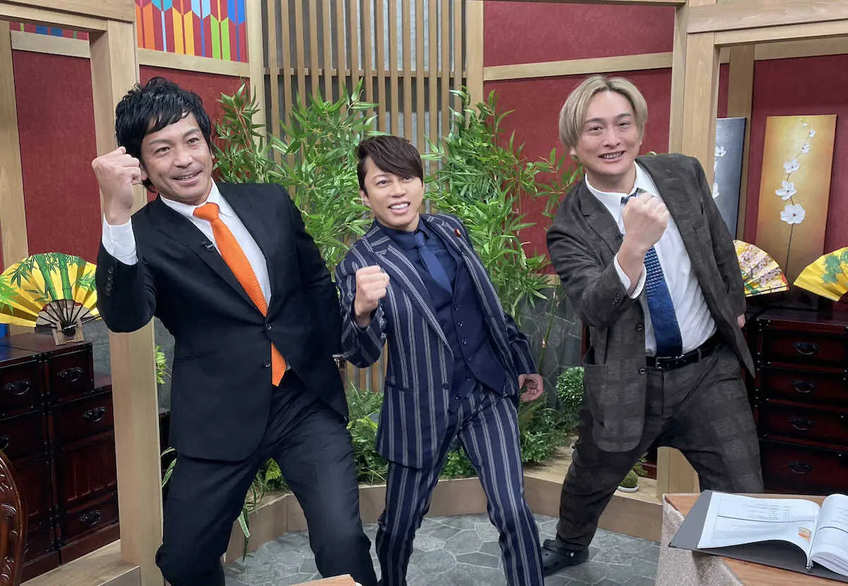 番組収録に参加した（左から）巨人・松田、西川貴教、JP（BSJapanext提供）