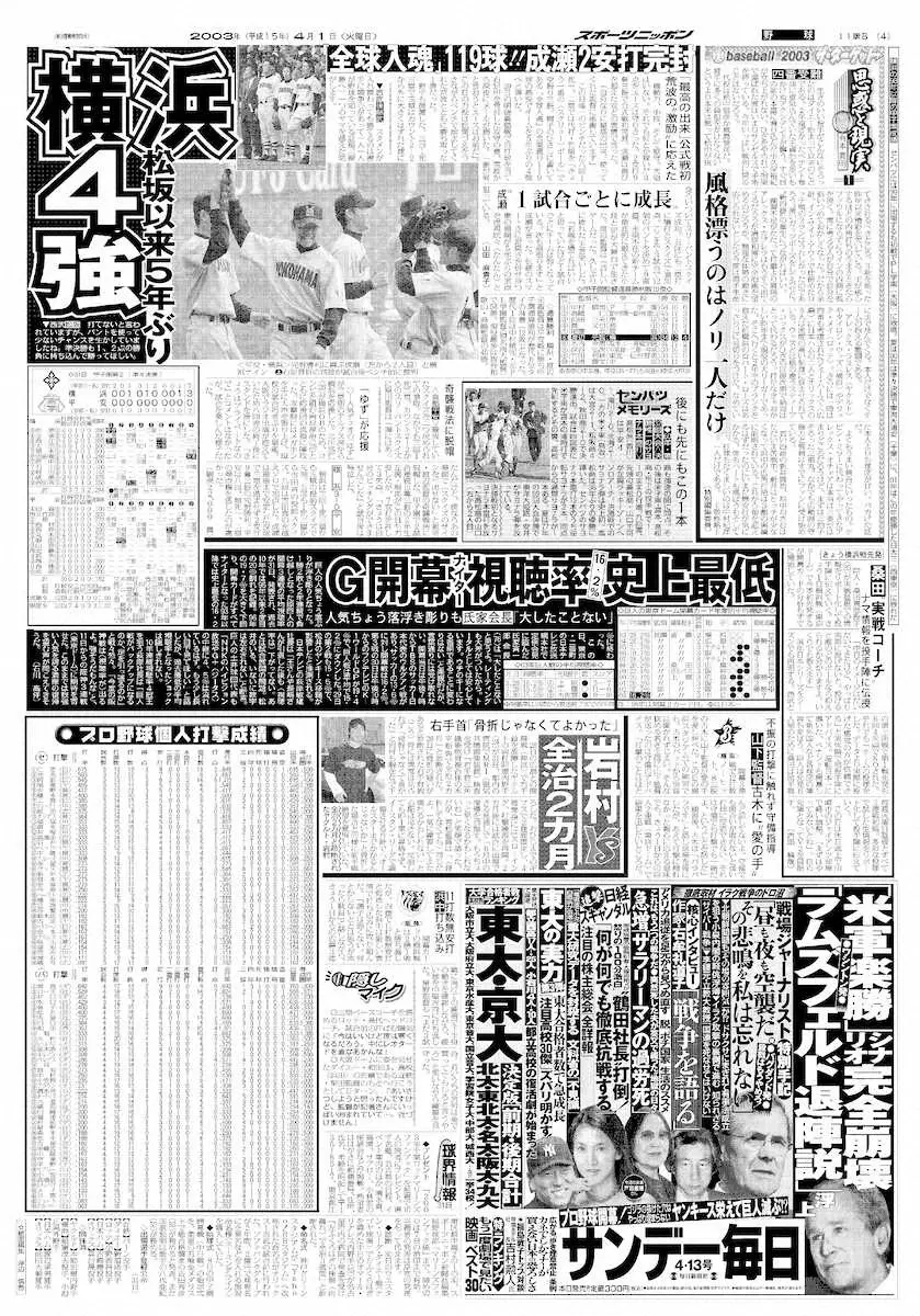 横浜・成瀬善久の活躍を報じる2003年4月1日付スポニチ紙面