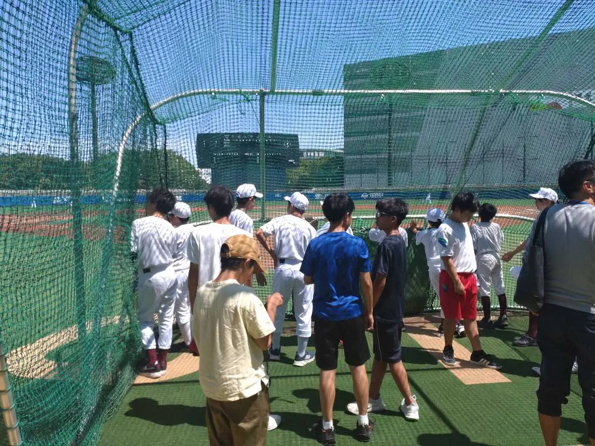 社会人野球チームの試合前ノックをネット越しに見る大田区安方中軟式野球部ナイン