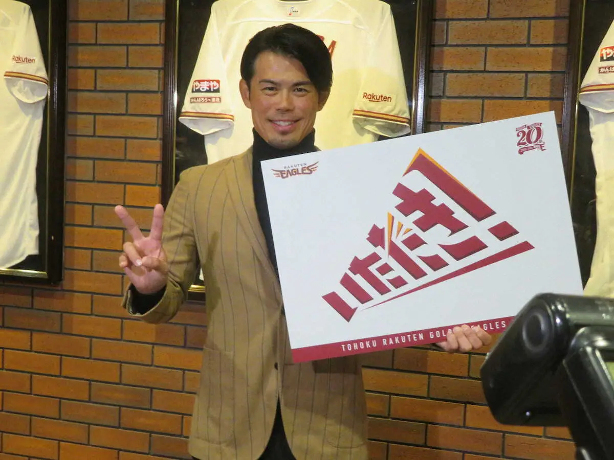 楽天の24年度チームスローガン「いただき！」のボードを掲げる今江監督
