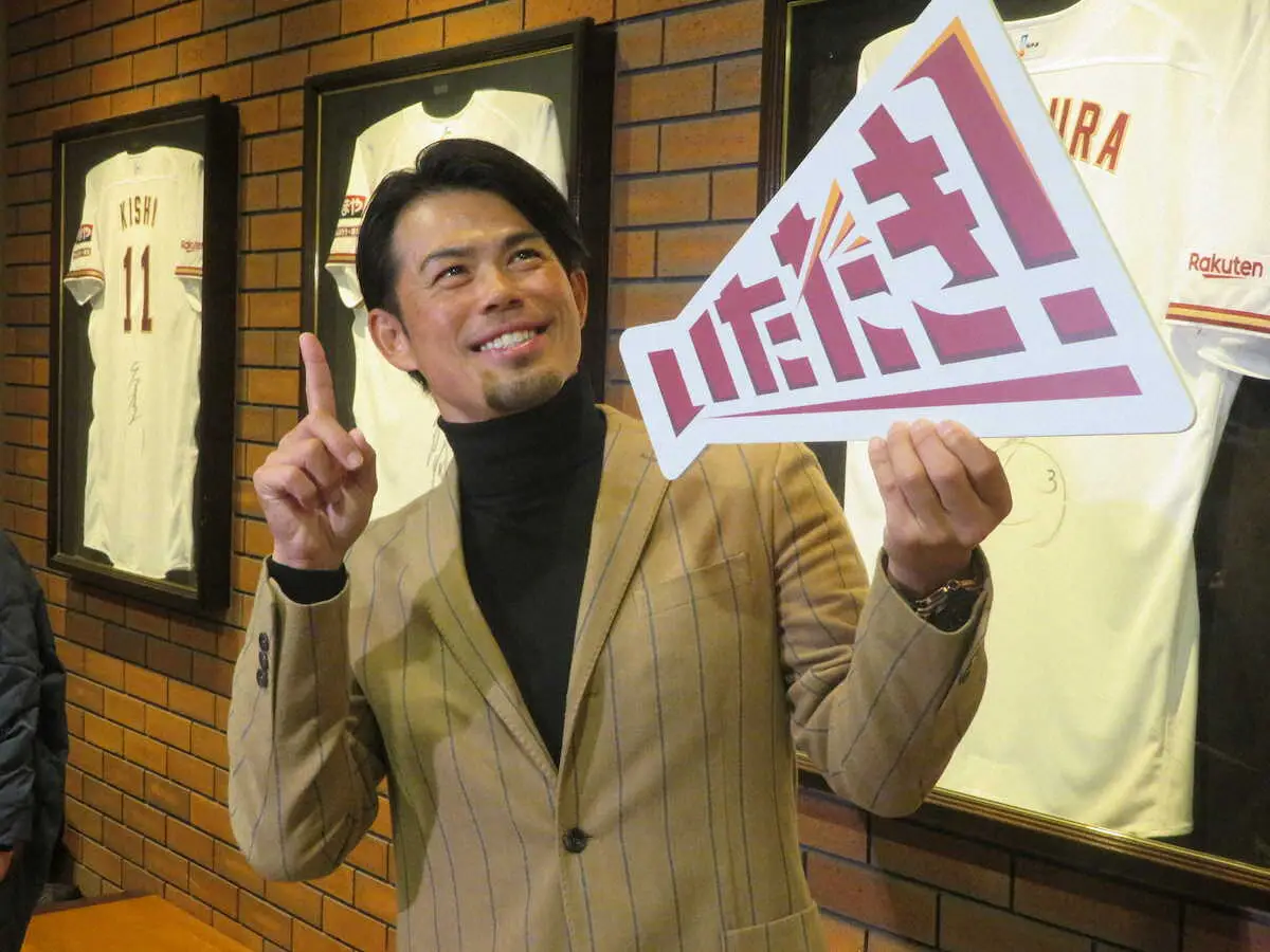 24年度のチームスローガン「いただき！」のボードを掲げる楽天今江監督