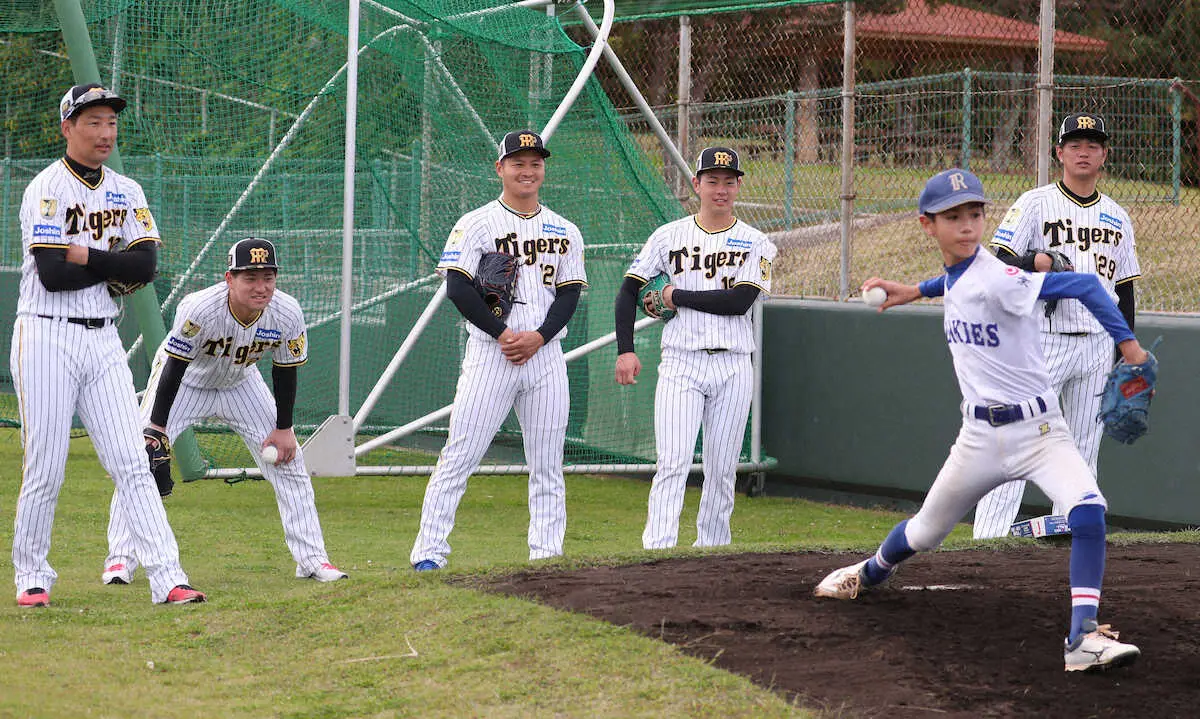 野球教室に参加者の投球を見る（左から）岩崎、伊藤稜、松原、下村、高橋（撮影・中辻　颯太）