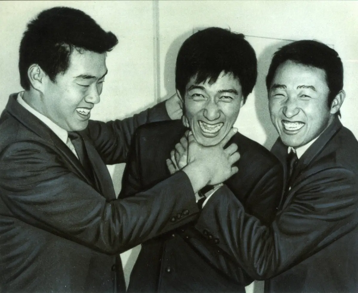 1984年ドラフト前。どこに指名されるのか？期待と不安感の中で笑顔を見せる（左から）明大・広沢克己、慶大・上田和明、明大・竹田光訓