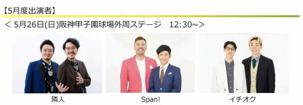 阪神「虎－1グランプリ」5月は26日開催　Span！、隣人、イチオクが出演　試合前に爆笑を