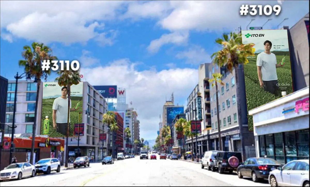 伊藤園「お～いお茶」の「国内外全85か所以上の屋外広告ジャック」で米ロサンゼルスのハリウッドに掲出されたドジャース・大谷の巨大屋外広告