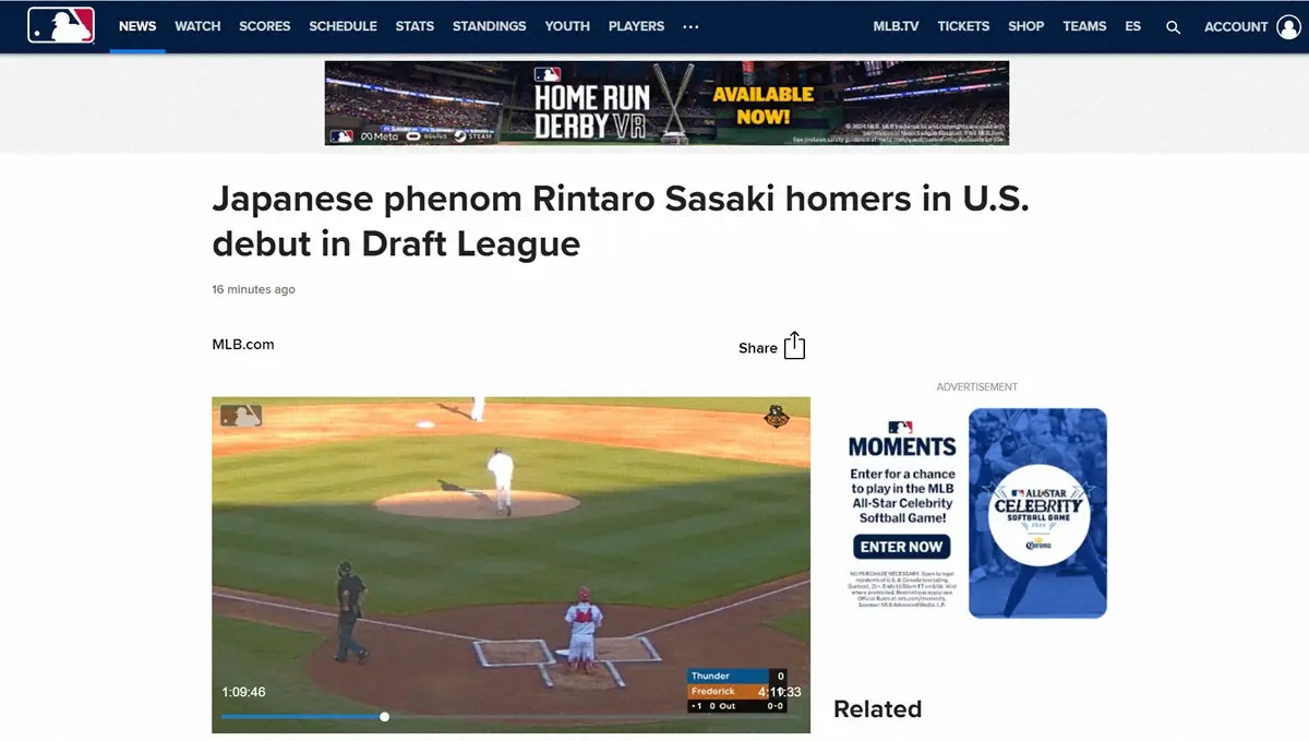 MLB公式が佐々木麟太郎を特集「日本の天才」　米初戦HRに「衝撃を与えるのに時間はかからなかった」