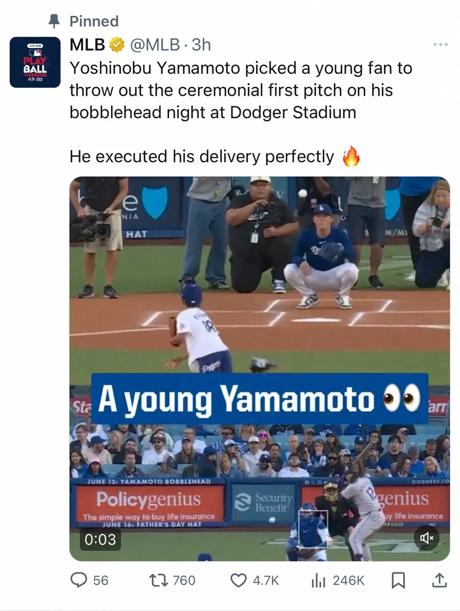 MLB公式X　「ヤング・ヤマモト」始球式の9歳少年＆由伸の比較動画に反響「そっくり」「かわいい」