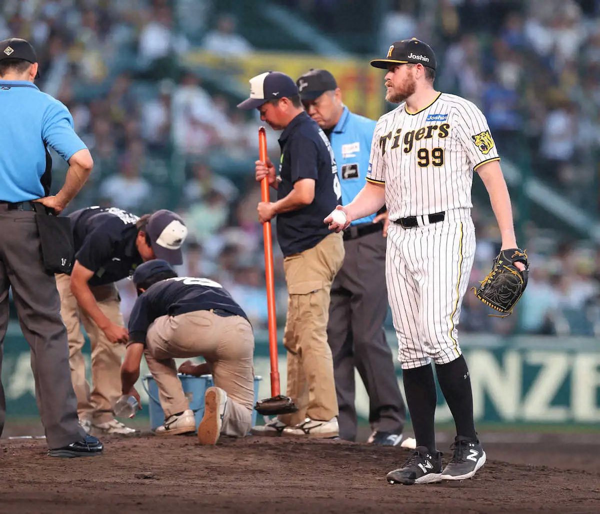 阪神・ビーズリー　阪神園芸に緊急出動要請　マウンドにトラブル？6分間の補修終え「サンキュー」