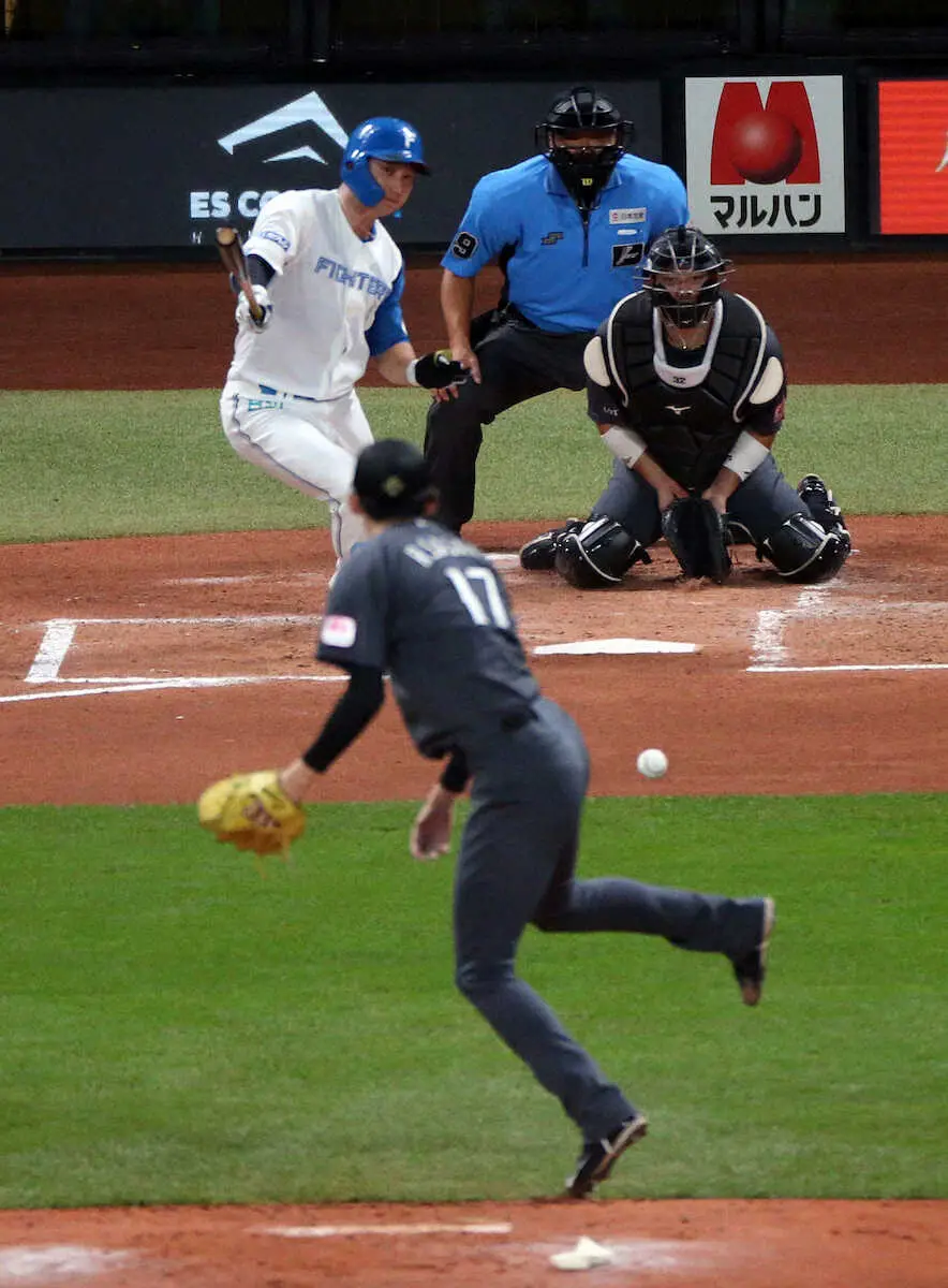 ＜日・ロ＞2回、浅間の打球が佐々木の左足首付近に当たる（撮影・高橋　茂夫）