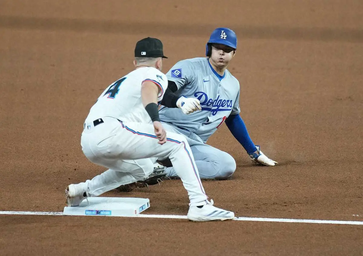 【画像・写真】大谷翔平　第1打席はフェンス直撃二塁打→三盗成功　50盗塁で「50－50」に足でまず達成