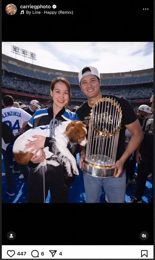 ド軍カメラマン　大谷翔平＆真美子さんが肩寄せ合う家族ショット披露　真美子さんはデコピンを抱っこ