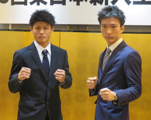 東日本新人王フェザー級決勝に出場する新座宏（右）と木村吉光