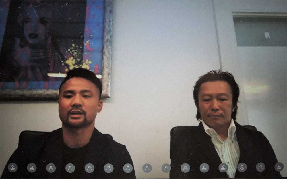 オンラインで会見した比嘉大吾（左）と野木丈司トレーナー