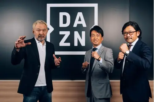 DAZNが「K-1」と「QUINTET」のライブ配信を決定。左からQUINTET・桜庭氏、DAZN・保泉氏、K-1・菊田氏　©Suguru Saito / DAZN Japan
