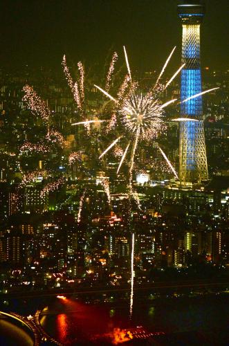 隅田川上空を彩る花火。右奥はライトアップされた東京スカイツリー