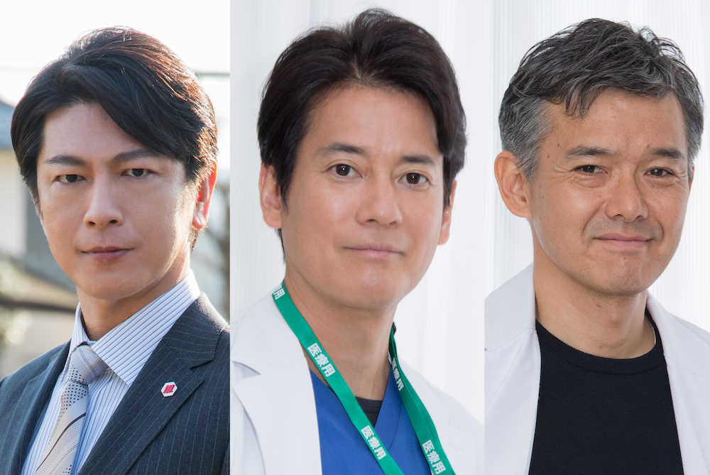 ＴＢＳのスペシャルドラマ「がん消滅の罠」に出演する、左から、及川光博、唐沢寿明、渡部篤郎