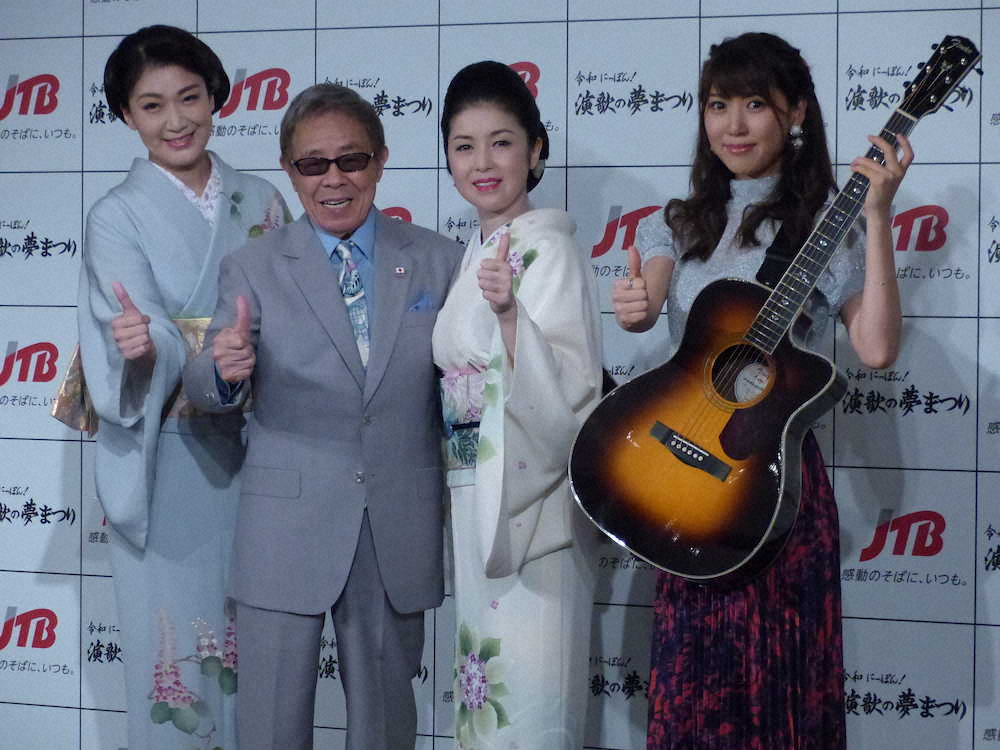 「令和にっぽん！演歌の夢まつり」開催発表会に出席した（左から）市川由紀乃、北島三郎、藤あや子、おかゆ