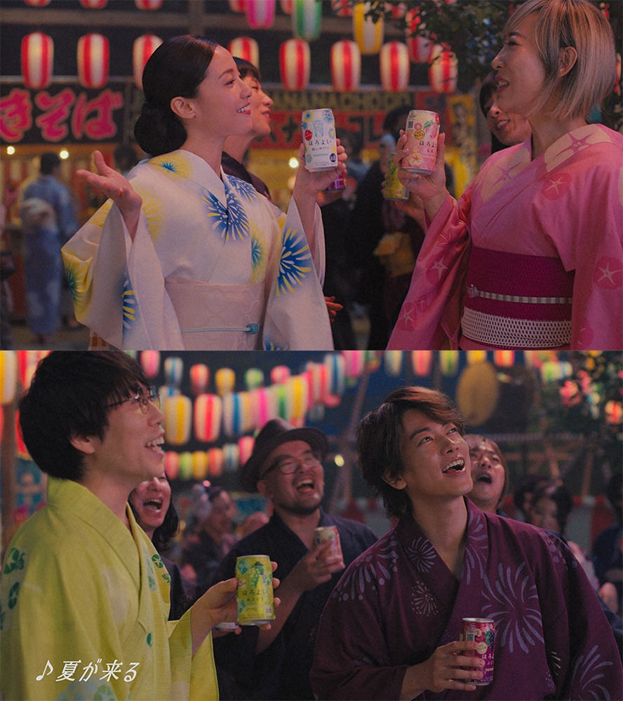CMで夏祭りのシーンに登場する（写真上）沢尻エリカ（左）と蜷川実花さん（同下）高橋優（左）と佐藤健