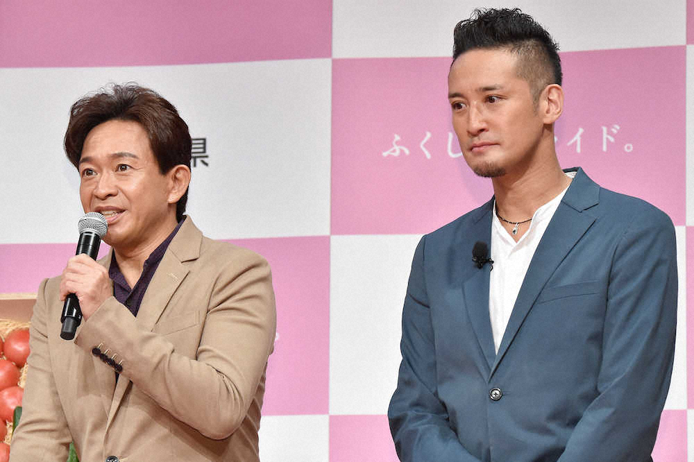 「ふくしまプライド。」新CM発表会2019に出席した（左から）城島茂、松岡昌宏