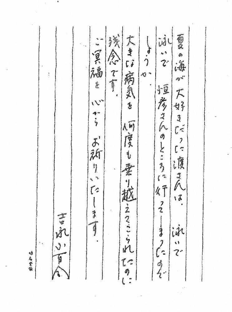 渡哲也さんの死去を悼む、吉永小百合直筆の書面