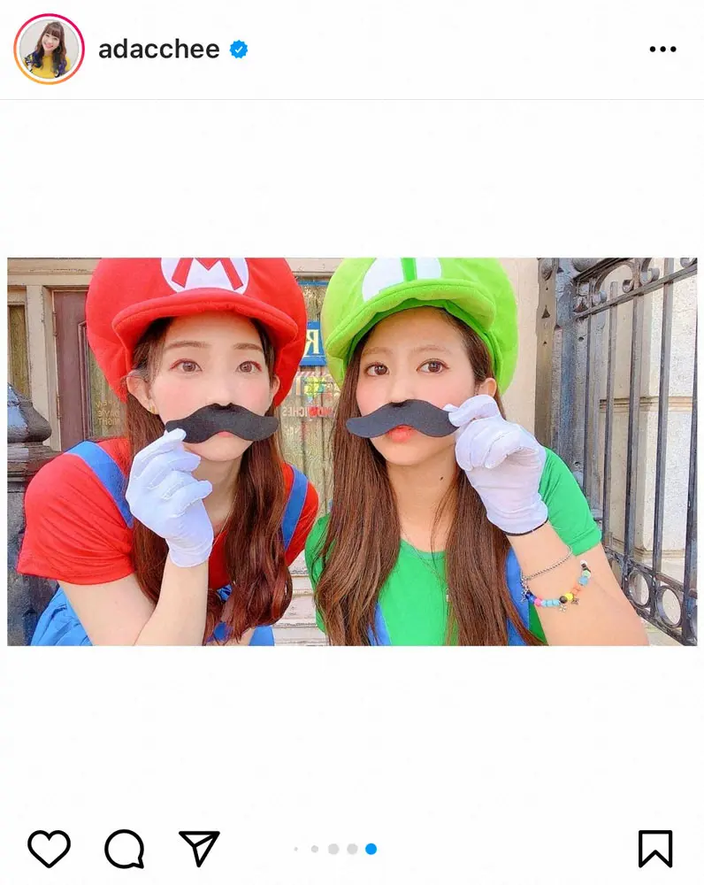 【画像・写真】足立梨花　西崎莉麻と「マリオ＆ルイージ」コスプレでUSJ満喫に「ヒゲかわいい」「着せ替えお人形さん」