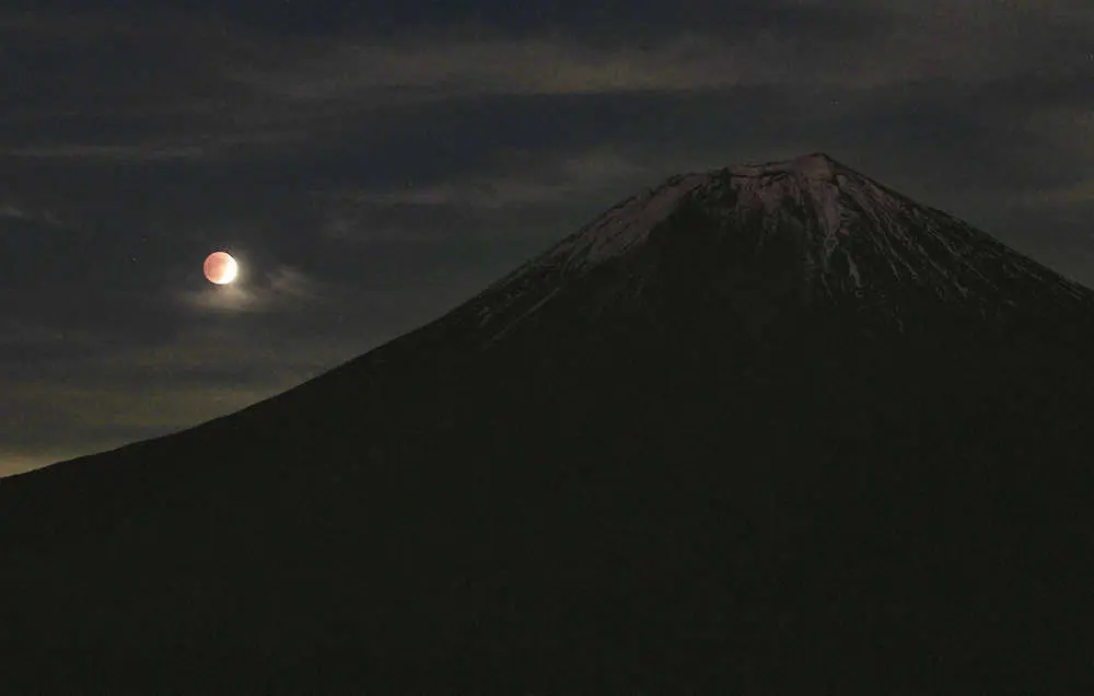 19日午後5時28分、静岡県富士宮市で見られた部分月食と富士山